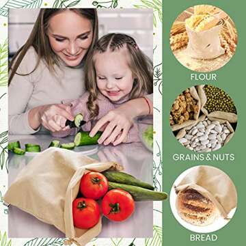 Organic Cotton‌ ‌Produce‌ ‌Bags,‌ 5 Pcs 11.5x13.5 ‌Large,‌ Organic and ‌Reusable‌ ‌Canvas‌ ‌Muslin‌ ‌‌‌Drawstring‌ ‌‌Sack‌ ‌for‌ Organizing, ‌Shopping,‌ Storage,‌ ‌Grocery,‌ Dust Cover, and ‌Gift