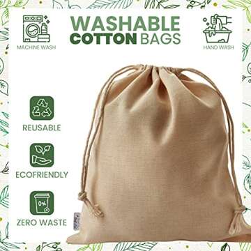 Organic Cotton‌ ‌Produce‌ ‌Bags,‌ 5 Pcs 11.5x13.5 ‌Large,‌ Organic and ‌Reusable‌ ‌Canvas‌ ‌Muslin‌ ‌‌‌Drawstring‌ ‌‌Sack‌ ‌for‌ Organizing, ‌Shopping,‌ Storage,‌ ‌Grocery,‌ Dust Cover, and ‌Gift