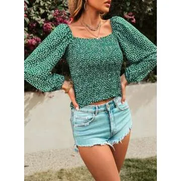 EVALESS Womens Tops Spring Fashion Clothes 2024 Blouses for Women Dressy Casual Sexy Square Neck Long Sleeve Tops Off The Shloulder Ladies Tops and Blouses Cute Green Shirts Holiday Outfits, Medium