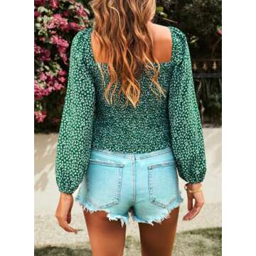 EVALESS Womens Tops Spring Fashion Clothes 2024 Blouses for Women Dressy Casual Sexy Square Neck Long Sleeve Tops Off The Shloulder Ladies Tops and Blouses Cute Green Shirts Holiday Outfits, Medium