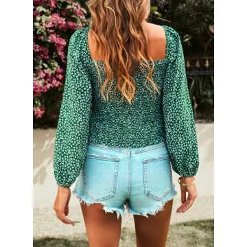 EVALESS Womens Tops Spring Fashion Clothes 2024 Blouses for Women Dressy Casual Sexy Square Neck Long Sleeve Tops Off The Shloulder Ladies Tops and Blouses Cute Green Shirts Holiday Outfits, Medium