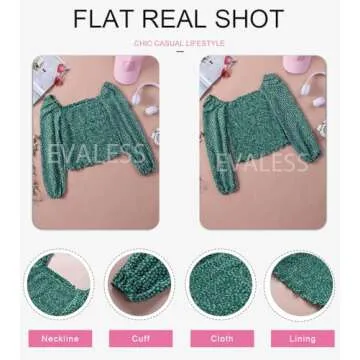 EVALESS Womens Tops Spring Fashion Clothes 2024 Blouses for Women Dressy Casual Sexy Square Neck Long Sleeve Tops Off The Shloulder Ladies Tops and Blouses Cute Green Shirts Holiday Outfits, Medium