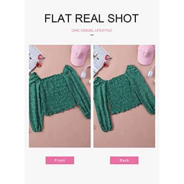 EVALESS Womens Tops Spring Fashion Clothes 2024 Blouses for Women Dressy Casual Sexy Square Neck Long Sleeve Tops Off The Shloulder Ladies Tops and Blouses Cute Green Shirts Holiday Outfits, Medium