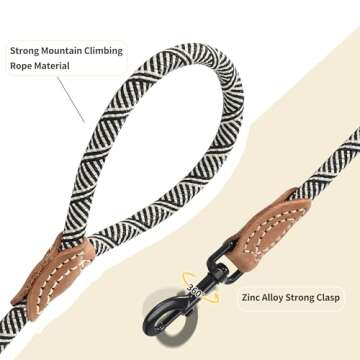 Mile High Life | Mountain Climbing Dog Rope Leash with Heavy Duty Metal Sturdy Clasp | Genuine Leather Tailored Connection with Strong Stitches (White, 72 Inch (Pack of 1))