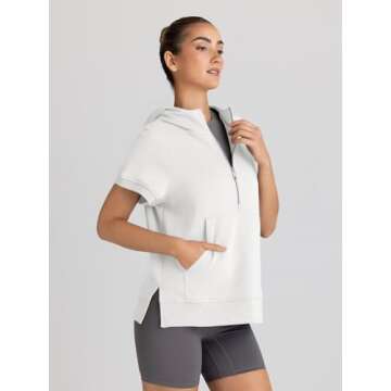 AUTOMET Oversized Hoodies for Women Short Sleeve Half zip Sweatshirt Fleece Loose Fit Pullover 2025 Fall Fashion Outfits White S