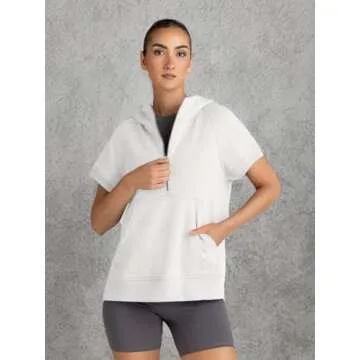 AUTOMET Oversized Hoodies for Women Short Sleeve Half zip Sweatshirt Fleece Loose Fit Pullover 2025 Fall Fashion Outfits White S