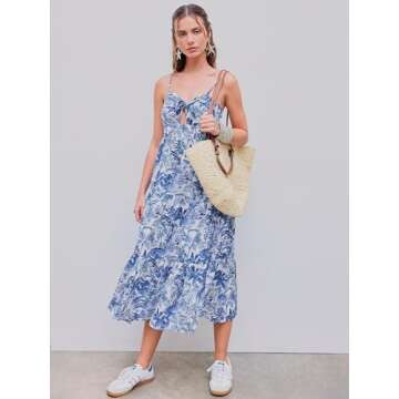 CIDER Santorini Beach Vacation V-Neck Landscape Painting Cut Out Knotted Cami Midi Dress: Blue, S