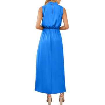 BTFBM Women Sleeveless Mock Neck Cocktail Dresses Keyhole Elastic Waist Party Wedding Guest Satin High Split Maxi Dress