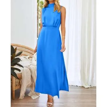 BTFBM Women Sleeveless Mock Neck Cocktail Dresses Keyhole Elastic Waist Party Wedding Guest Satin High Split Maxi Dress
