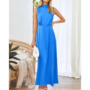 BTFBM Women Sleeveless Mock Neck Cocktail Dresses Keyhole Elastic Waist Party Wedding Guest Satin High Split Maxi Dress