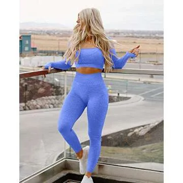 HYZ Women's Workout 2 Piece Outfits High Waist Legging Gym Yoga Bodycon Sports Crop Top Sets Blue