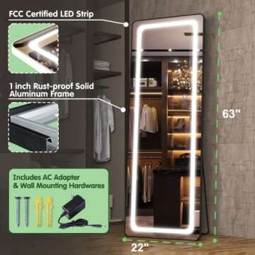 FENNIO Full Length Mirror with Lights 63"x22", LED Full Body Mirror, Free Standing Lighted Floor Mirror, Wall Mounted Hanging Mirror with Light for Bedroom, Aluminum Frame, Dimming, 3 Color Lighting