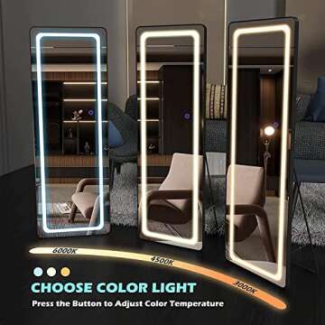 FENNIO Full Length Mirror with Lights 63"x22", LED Full Body Mirror, Free Standing Lighted Floor Mirror, Wall Mounted Hanging Mirror with Light for Bedroom, Aluminum Frame, Dimming, 3 Color Lighting