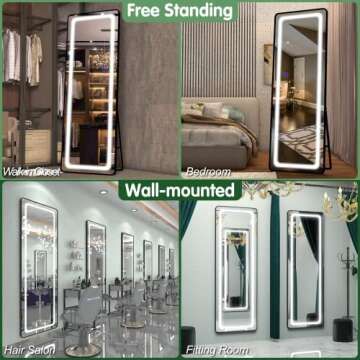 FENNIO Full Length Mirror with Lights 63"x22", LED Full Body Mirror, Free Standing Lighted Floor Mirror, Wall Mounted Hanging Mirror with Light for Bedroom, Aluminum Frame, Dimming, 3 Color Lighting