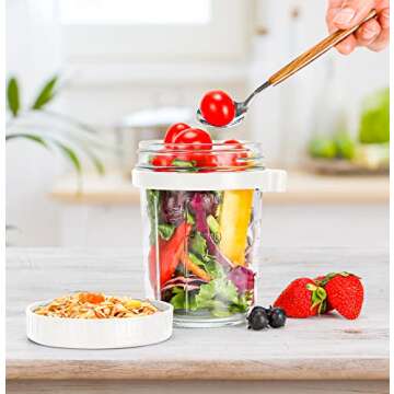 Xigugo Overnight Oats Jars, Overnight Oats Container with Lid and Spoon, 16 oz Cereal, Milk, Vegetable and fruit Salad Storage Container with Measurement Marks (white and grey)