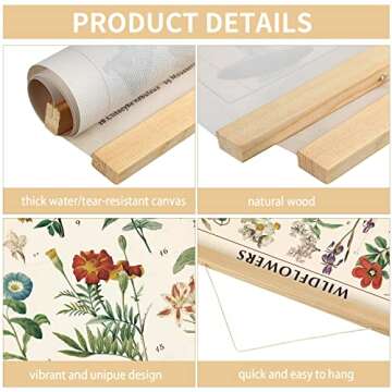 Vintage Wildflowers Poster Botanical Wall Art Prints Colorful Rustic Style of Floral Wall Hanging Illustrative Reference Flower Chart Poster for Living Room Office Bedroom Decor Frame 15.7 x 23.6 Inch