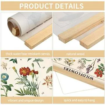 Vintage Wildflowers Poster Botanical Wall Art Prints Colorful Rustic Style of Floral Wall Hanging Illustrative Reference Flower Chart Poster for Living Room Office Bedroom Decor Frame 15.7 x 23.6 Inch