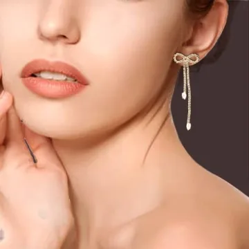 Agriajun Rhinestones Bow Drop Dangle Earrings - Elegant Sparkly Jewelry