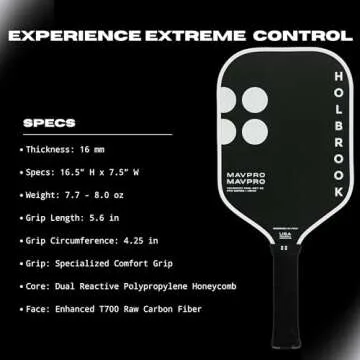 Holbrook Pickleball Paddle - Mav Pro 2.0, Pro Series | Power and Control | T700 3K Carbon Fiber Pickleball Paddles | Polypropylene Honeycomb Core | Black Pickleball Paddle, 16 mm