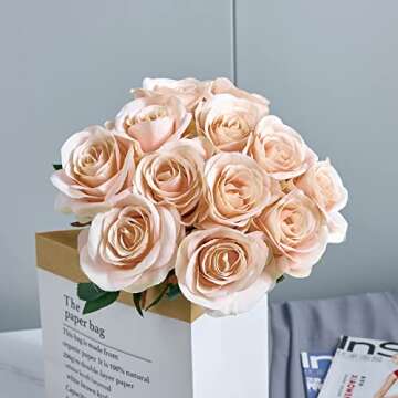 Helera 12Pcs Blush Pink Rose Artificial Flowers - High Quality Silk Faux Flowers with Long Stems for...