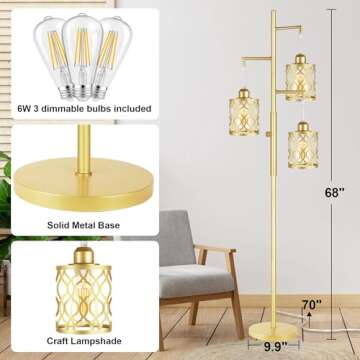 ROTTOGOON 68" Gold Floor Lamp, Dimmable Industrial Floor Lamps for Living Room, 3 Light Rustic Standing Tall Lamp Including 3 PCS 6W E26 Bulbs, Farmhouse Tree Floor Lamp for Bedrooms, Office, Bar