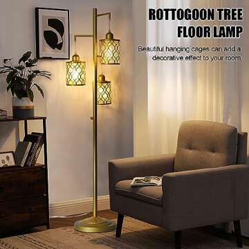 ROTTOGOON 68" Gold Floor Lamp, Dimmable Industrial Floor Lamps for Living Room, 3 Light Rustic Standing Tall Lamp Including 3 PCS 6W E26 Bulbs, Farmhouse Tree Floor Lamp for Bedrooms, Office, Bar