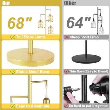 ROTTOGOON 68" Gold Floor Lamp, Dimmable Industrial Floor Lamps for Living Room, 3 Light Rustic Standing Tall Lamp Including 3 PCS 6W E26 Bulbs, Farmhouse Tree Floor Lamp for Bedrooms, Office, Bar