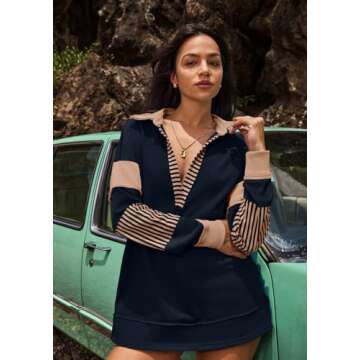 SENSERISE Womens Oversized Sweatshirt Striped Shirt Long Sleeve Color Block Tops Casual V Neck Polo ...