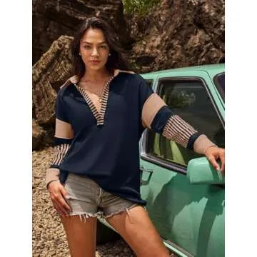 SENSERISE Womens Oversized Sweatshirt Striped Shirt Long Sleeve Color Block Tops Casual V Neck Polo Shirts Pullover(Navy Blue,L)