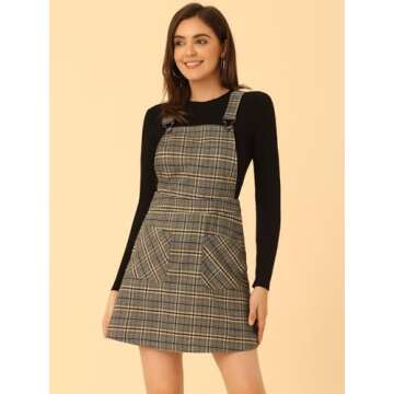 Allegra K Women's Adjustable Strap Above Knee Plaid Overall Dress Suspender Skirt Large Apricot Blue...