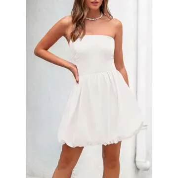 PRETTYGARDEN Women's Tube Top Dress 2025 Summer Casual Smocked A Line Sundress Trendy Strapless Bubble Short Mini Dresses (White,Large)