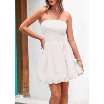 PRETTYGARDEN Women's Tube Top Dress 2025 Summer Casual Smocked A Line Sundress Trendy Strapless Bubble Short Mini Dresses (White,Large)
