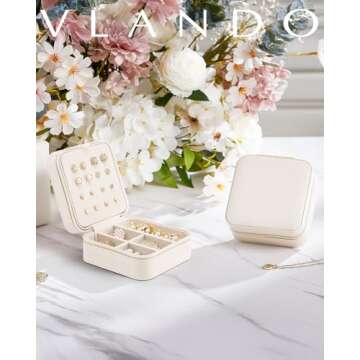 Vlando Travel Jewelry Case, Small Travel Jewelry Organizer Box for Girls Women - White
