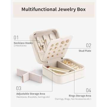 Vlando Travel Jewelry Case, Small Travel Jewelry Organizer Box for Girls Women - White