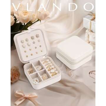 Vlando Travel Jewelry Case, Small Travel Jewelry Organizer Box for Girls Women - White