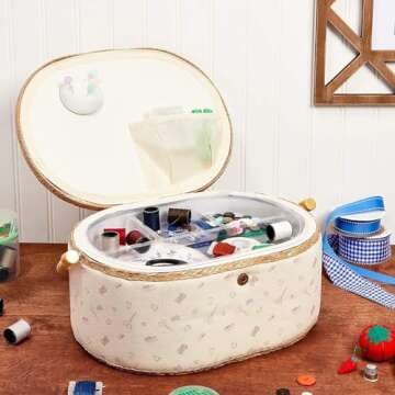 Vintage Sewing Basket Organizer with 30 Essential Tools