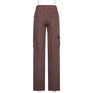 Women's Y2K Fashion Wide Leg High Waist Loose Fit Cargo Jeans Denim Pants Boyfriend Jeans for Teen Girls with Pockets Brown