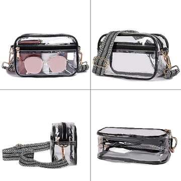 DIVCIDLC Clear Crossbody Bag Purse with Guitar Strap, Belt Clear Bag Shoulder Purse Stadium Concert Event Approved See Through Transparent Messenger Satchel Handbag, Black White Strap