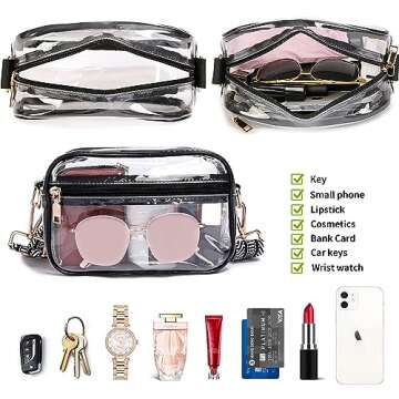 DIVCIDLC Clear Crossbody Bag Purse with Guitar Strap, Belt Clear Bag Shoulder Purse Stadium Concert Event Approved See Through Transparent Messenger Satchel Handbag, Black White Strap