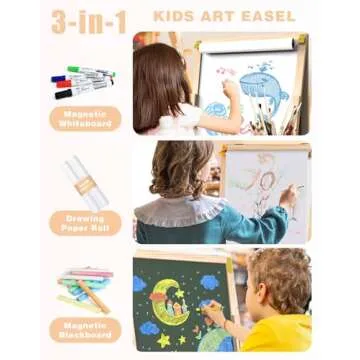 Joyooss Art Easel for Kids Easel, Kids Easel for Painting Wooden Whiteboard & Chalkboard Kids Art Easel, Toddler Art Easel One Get Many Kids Easel with Paper roll Art Easel for Kids Ages 2-4 4-8 8-12