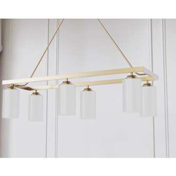 Tawson Eury 6-Light Island Chandelier Ceiling Light Fixture Modern Gold Etched Glass Shade Adjustable Height for Dining Room, Kitchen Island, Farmhouse, Retro, Rustic, Industrial, Vintage Décor.