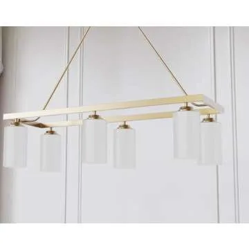 Tawson Eury 6-Light Island Chandelier Ceiling Light Fixture Modern Gold Etched Glass Shade Adjustable Height for Dining Room, Kitchen Island, Farmhouse, Retro, Rustic, Industrial, Vintage Décor.