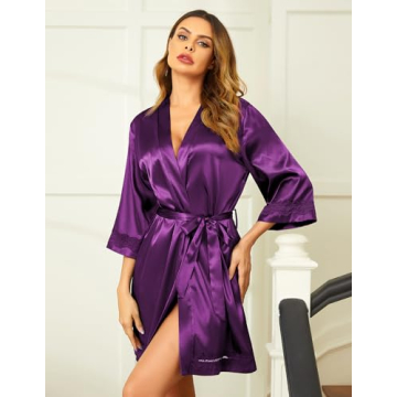 Ekouaer Satin Robe with Lace-Trim for Brides & Bridesmaids