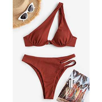 ZAFUL One Shoulder Cut Out Ribbed Bikini for Women