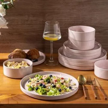 AmorArc Ceramic Dinnerware Set for 4 | Speckled Stoneware Plates and Bowls with unglazed terracotta | Scratch Resistant, Dishwasher & Microwave Safe Dishes Sets- 12-Pcs Pink
