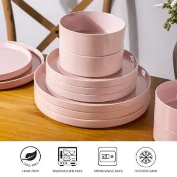 AmorArc Ceramic Dinnerware Set for 4 | Speckled Stoneware Plates and Bowls with unglazed terracotta | Scratch Resistant, Dishwasher & Microwave Safe Dishes Sets- 12-Pcs Pink