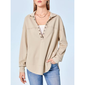 Fisoew Women's V Neck Pullover Tops Oversized Collared Long Sleeve Lightweight Casual Sweatshirts Khaki