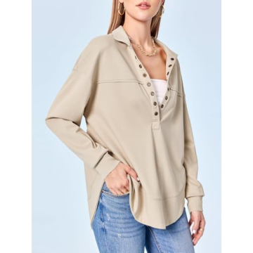 Fisoew Women's V Neck Pullover Tops Oversized Collared Long Sleeve Lightweight Casual Sweatshirts Khaki