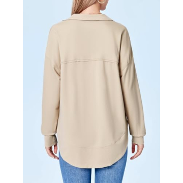 Fisoew Women's V Neck Pullover Tops Oversized Collared Long Sleeve Lightweight Casual Sweatshirts Khaki