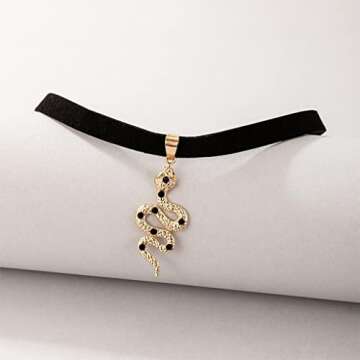 Iaceble Punk Velvet Snake Choker Necklace Gold Snake Pendant Clavicle Necklace Gothic Velvet Collar Necklace Short Black Ribbon Necklace Jewelry for Women (Gold)